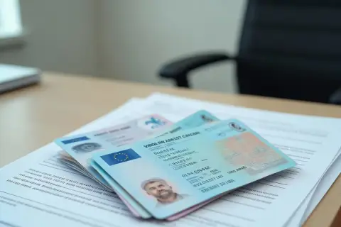 Na biurku leżą dokumenty, w tym e prawko EU z portretem mężczyzny.