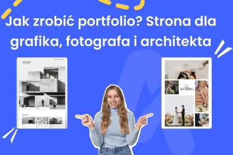 Kobieta wskazuje na ekrany z portfolio architektonicznym i ślubnym. Idealne portfolio fotografa, grafika i architekta.