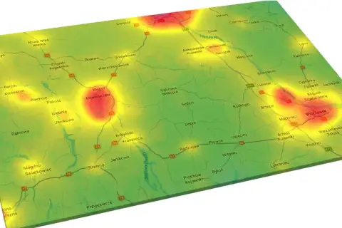 Mapa z zaznaczonymi obszarami o podwyższonej aktywności, w tym w okolicach Inowrocławia i Włocławka. Kierunkowy 54 Polska.