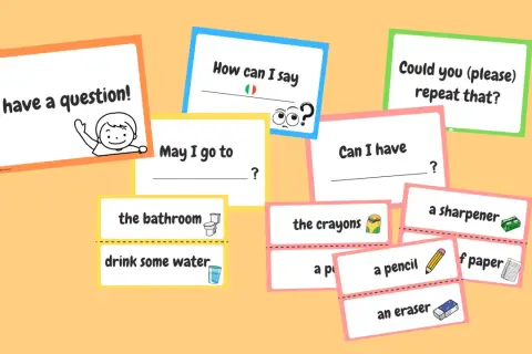 Schede con frasi di presentazione personale per imparare l'inglese: "I have a question!", "May I go to...", "Can I have...", "How can I say...", "Could you repeat that?".