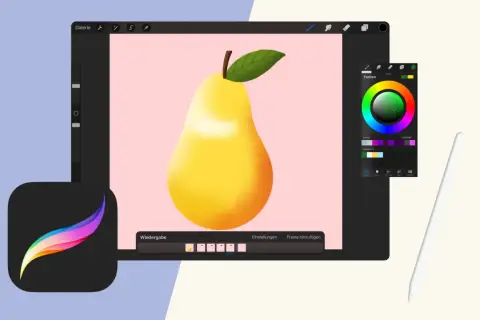 Digitale Kunst mit einer Birne, die auf einem rosa Hintergrund gezeichnet wird. Eine Procreate Alternative mit Farbpalette und Stift.
