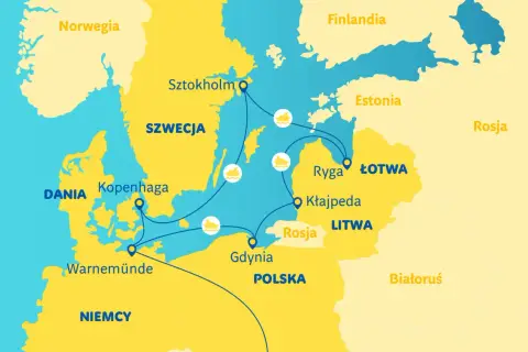 Mapa szlaków morskich Bałtyku: Dania, Szwecja, Finlandia, Estonia, Łotwa, Litwa, Polska, Niemcy, Norwegia. Rejsy między portami, np. Sztokholm, Kopenhaga, Gdynia, Ryga.
