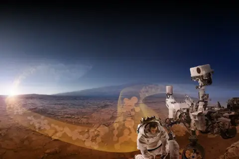 Astronaut bada marsjański krajobraz obok łazika, szukając śladów obce cywilizacje.