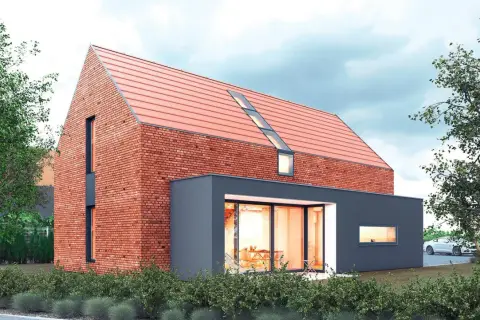 Nowoczesny projekt domu stodoła z cegły i grafitowego tynku. Duże okna, skośne świetliki i czerwony dach.