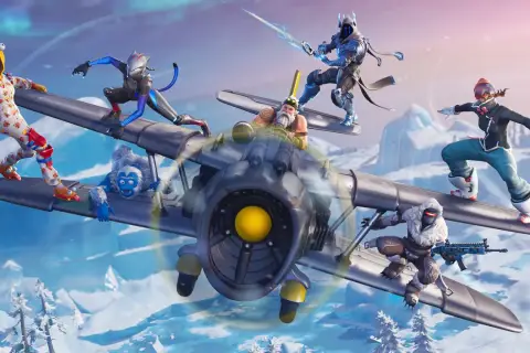 Postacie z Fortnite na samolocie, jakby świętowały ile jest sezonów w Fortnite. W tle zimowy krajobraz.