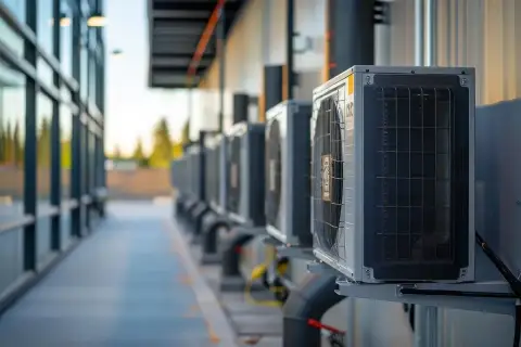 Rząd klimatyzatorów zewnętrznych, gotowych do chłodzenia budynku. Te urządzenia pracują na specjalnych gazach, zapewniając komfortowe warunki.