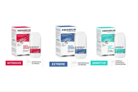 Trzy antyperspiranty Aquaselin: Intensive dla kobiet, Extreme dla mężczyzn i Sensitive dla skóry wrażliwej.