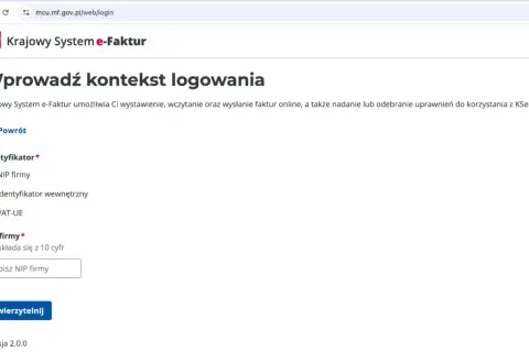 Ekran logowania do Krajowego Systemu e-Faktur. Użytkownik wybiera identyfikator firmy, np. NIP, do samofakturowania.