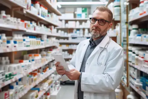 Farmaceuta w okularach przegląda dokumentację, szukając rozwiązań dla problemów z atopowym zapaleniem skóry.