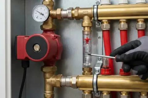 Ręka w rękawicy reguluje przepływ w instalacji grzewczej. Widoczna czerwona pompa i manometr mogą wskazywać na zapowietrzona pompa co objawy.