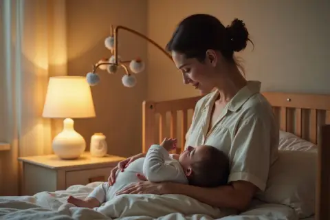 Delikatne kołysanie i czuły uśmiech mamy to klucz do tego, jak wyciszyć niemowlę przed snem. Ciepłe światło lampki tworzy przytulną atmosferę.