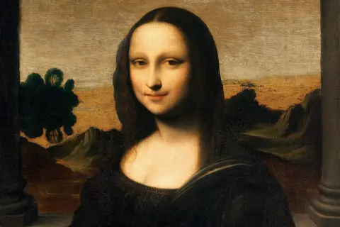 Das berühmte Mona Lisa Bild Original von Leonardo da Vinci zeigt eine Frau mit geheimnisvollem Lächeln vor einer Landschaft.