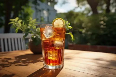 Orzeźwiający drink z sheridanem, lodem i plasterkiem cytryny na drewnianym stole w ogrodzie.