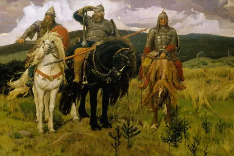 Trzech jeźdźców w zbrojach, symbolizujących epickich bohaterów, ukazuje, jakie są różnice w kreacji bohatera w literaturze polskiej a anglosaskiej.