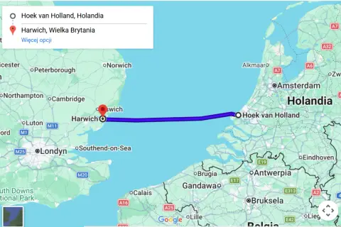 Trasa promowa z Hoek van Holland (Holandia) do Harwich (Wielka Brytania) zaznaczona na mapie.
