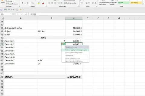 W arkuszu Excela widać błąd formuły w komórce C22. Można ją skopiować z komórki powyżej, jeśli liczysz, że to rozwiąże problem.