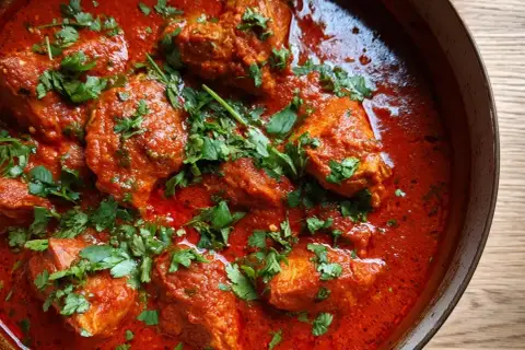 En närbild av en läcker indisk gryta med kyckling i en krämig tomatsås, toppad med färsk koriander.