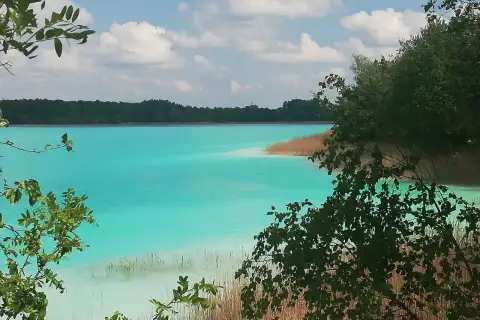 Turkusowe jezioro w Koninie, otoczone trzcinami i zielenią, z błękitnym niebem i białymi chmurami.