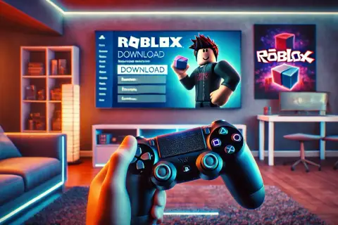 Gotowe do gry w Roblox na PS4 po polsku! Ekran telewizora pokazuje opcję pobierania, a w ręce trzymasz kontroler.