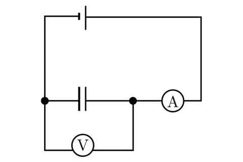 Schemat obwodu elektrycznego z kondensatorem, amperomierzem i woltomierzem. Woltomierz mierzy symbol napięcia na kondensatorze.