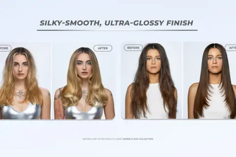Dos mujeres antes y después de un baño de color, mostrando un cabello liso y brillante.