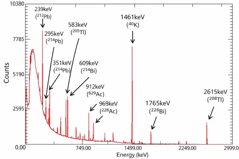 Widmo promieniowania gamma z zaznaczonymi pikami energii, np. 1461 keV (40K) i 2615 keV (208Tl).