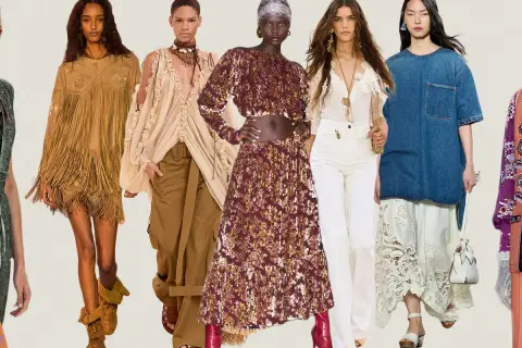Desfile de lloyds mujer con looks bohemios y modernos: flecos, encaje, denim y estampados vibrantes.