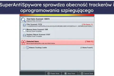 Wyniki skanowania programem SuperAntiSpyware: wykryto 5 elementów, w tym Adware.Tracking Cookie.