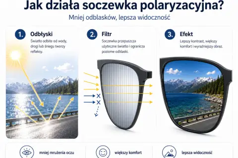 Okulary z polaryzacją redukują odblaski od wody i drogi, zapewniając lepszą widoczność i komfort.