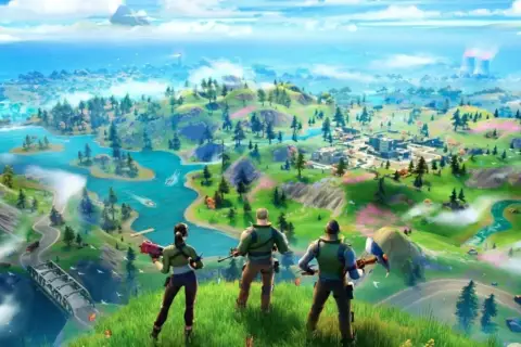 Trzech graczy Fortnite od ilu lat, obserwuje z góry kolorową wyspę z rzekami i miastem.