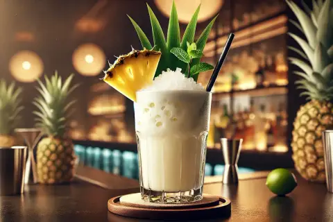 Orzeźwiający drink coco loco z ananasem i miętą, podany w szklance z lodem, na tle barze z ananasami.