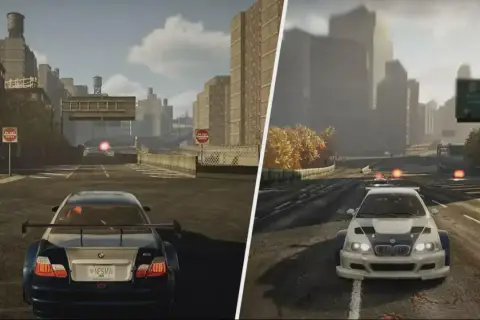 Dwa ujęcia z gry NFS Most Wanted Remake: z lewej BMW M3 z tyłu, z prawej z przodu. Miasto, drogi, pościg.