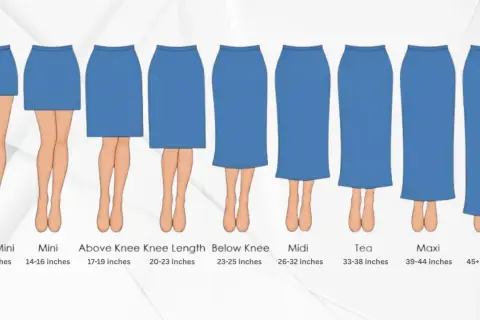 Illustration showing various skirt hem types, from micro mini to full length, with corresponding measurements.