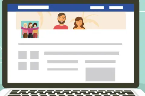 Ilustracja przedstawia ekran laptopa z profilem strony na FB. Dowiedz się, jak zmienić nazwę strony na FB, aby odzwierciedlała Twoją markę.