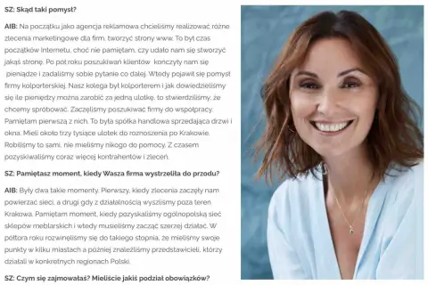 Uśmiechnięta Anna Izydorek Brzoska, z brązowymi włosami i w jasnej bluzce, opowiada o początkach swojej firmy.