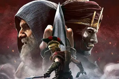 Postać z hełmem i włócznią na tle dwóch twarzy: starszego mężczyzny w kapturze i złowrogiej postaci w masce. To Assassin's Creed Odyssey Dziedzictwo Pierwszego Ostrza.