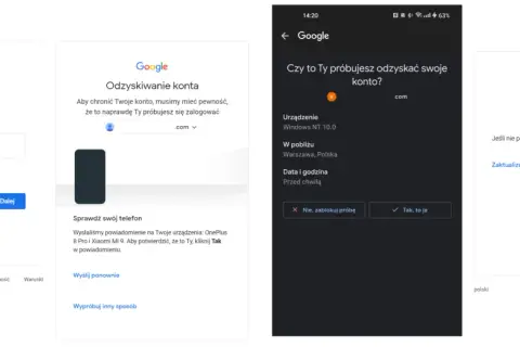 Proces odzyskiwania konta Google: wpisywanie hasła, weryfikacja na telefonie i potwierdzenie tożsamości.