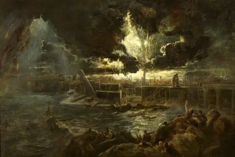 Dramatic, dark clouds loom over a chaotic scene of destruction and panic. This Pompeii art depicts a city in ruins, with people fleeing and boats capsizing in the turbulent waters.
