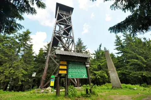 Drewniana wieża widokowa na radziejowa szczyt wśród zielonych drzew. Obok tablica informacyjna i betonowy obelisk.