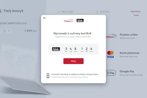 Płatność online co to znaczy? Potwierdzenie kodu BLIK 348126 w aplikacji bankowej, by zapłacić za sprzęt elektroniczny.