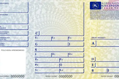 Dowód rejestracyjny z polskimi oznaczeniami pól, zawiera dane pojazdu, jego przeznaczenie i numer karty pojazdu.