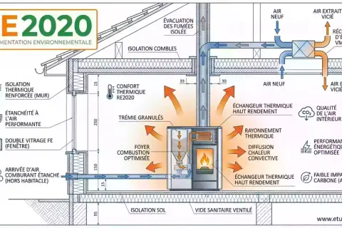 Schéma d'une maison RE2020 montrant un poêle à granulés, l'isolation, la ventilation et la récupération d'énergie pour une faible consommation.