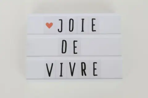 Biała tablica świetlna z napisem "JOIE DE VIVRE" i pomarańczowym serduszkiem.