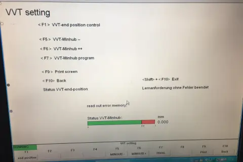 Ekran diagnostyczny BMW: VVT setting. Pokazuje opcje jak ustawic Valvetronic, kontrolę pozycji, minhub, program, wydruk ekranu, powrót i wyjście.