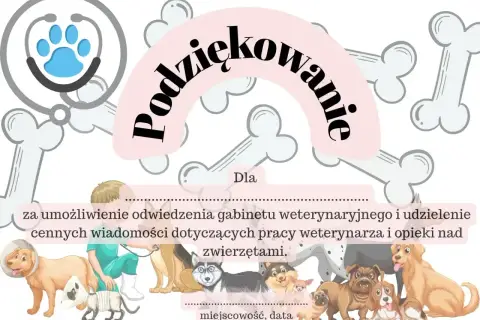 Szablon podziękowania dla weterynarza z rysunkami zwierząt i kości. Dowiedz się, jak napisać podziękowanie dla weterynarza za opiekę nad zwierzętami.