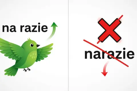 Zielony ptaszek z napisem "na razie" symbolizuje coś pozytywnego, w przeciwieństwie do przekreślonego "narazie".