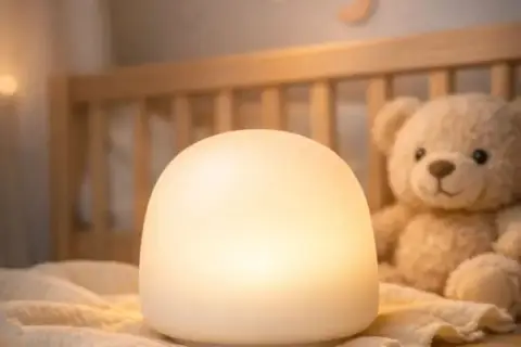 Miękka, biała lampka nocna dla chłopca, która rozświetla pokój. Obok siedzi pluszowy miś, gotowy do snu.