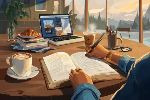 Osoba pisze w książce, obok kawa, laptop i croissant. Piękne godziny po francusku z widokiem na góry.