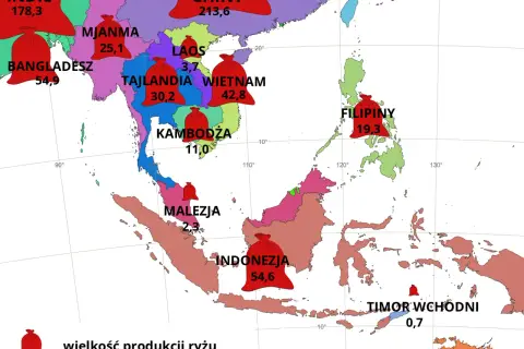 Mapa przedstawia wielkość produkcji ryżu w krajach Azji Południowo-Wschodniej. Najwięcej produkują Chiny i Indie.