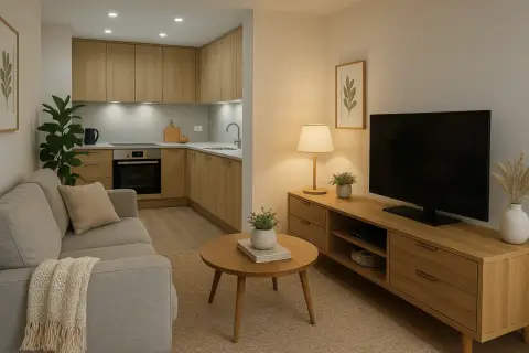 Salón y cocina integrados con muebles de madera clara. La iluminación cálida crea una atmósfera acogedora, mostrando la escala de temperatura de color ideal para el hogar.